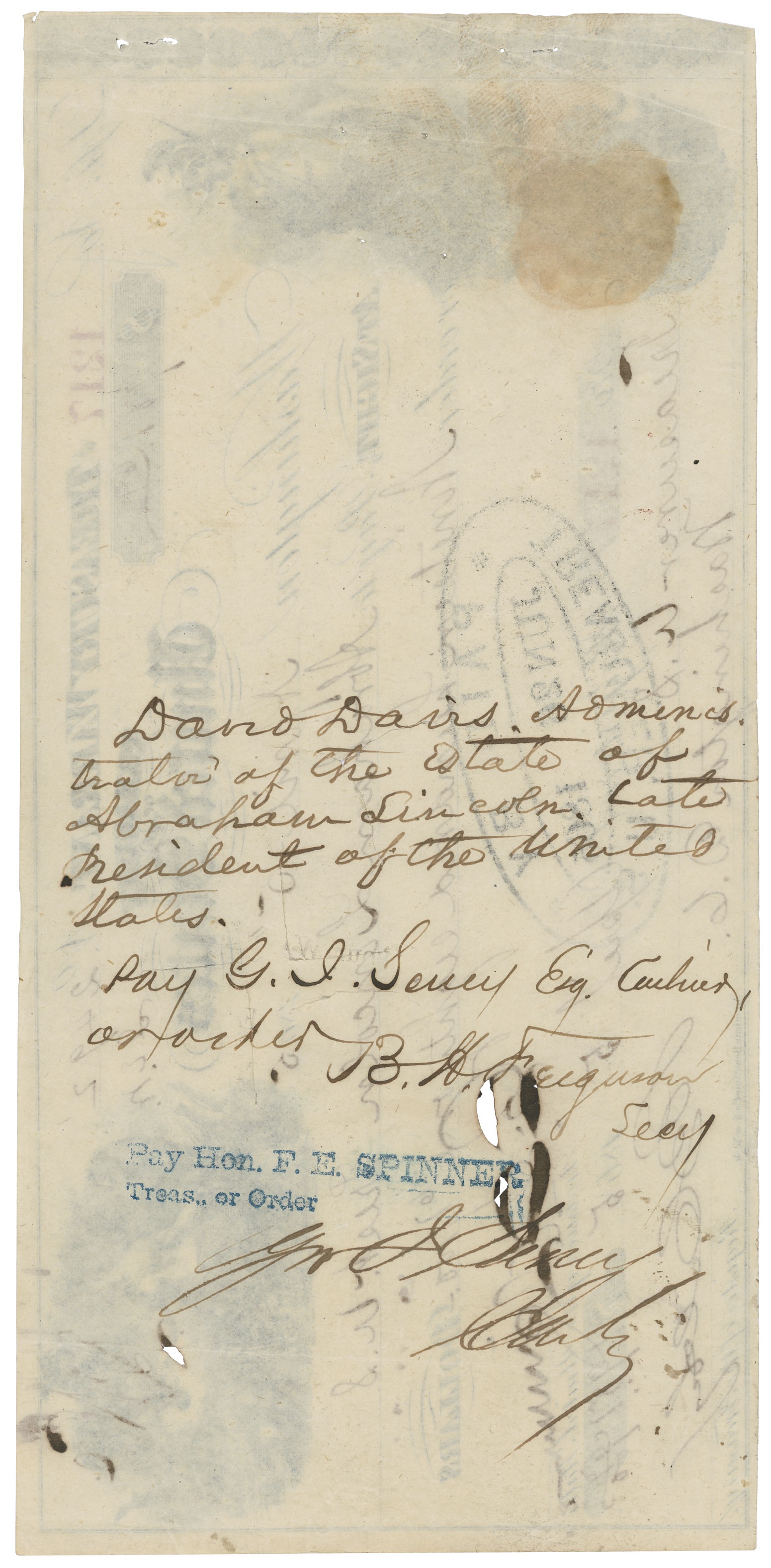 A historical U.S. Treasury check signed by Abraham Lincoln's estate trustee, highlighting a piece of American history and.